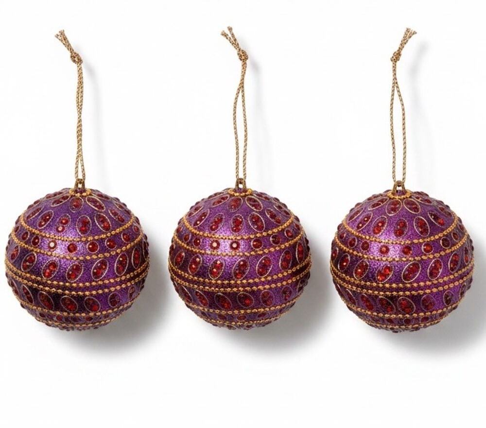 NWT Pier 1 Purple Jeweled Beaded Xmas Ornaments GEMS Gold Mardi Gras VTG Lot 3